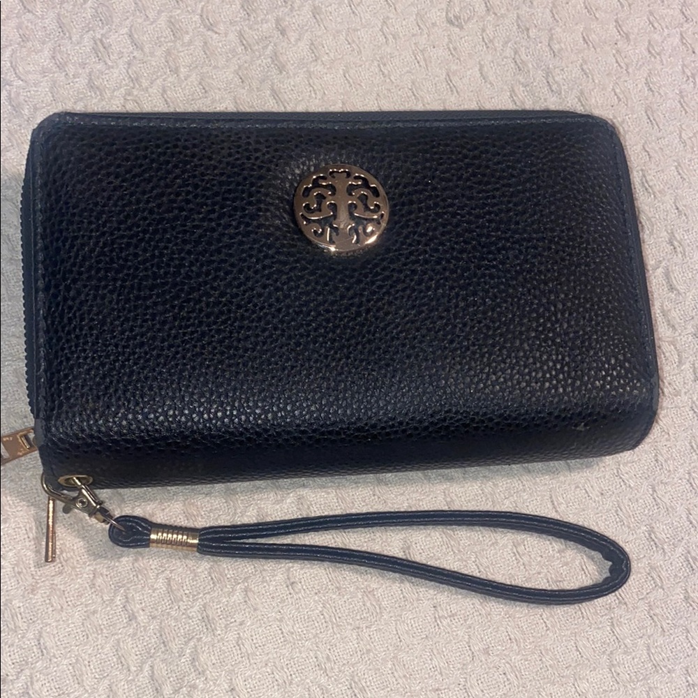 Black and Gold Textured Leather Clutch with Wristlet